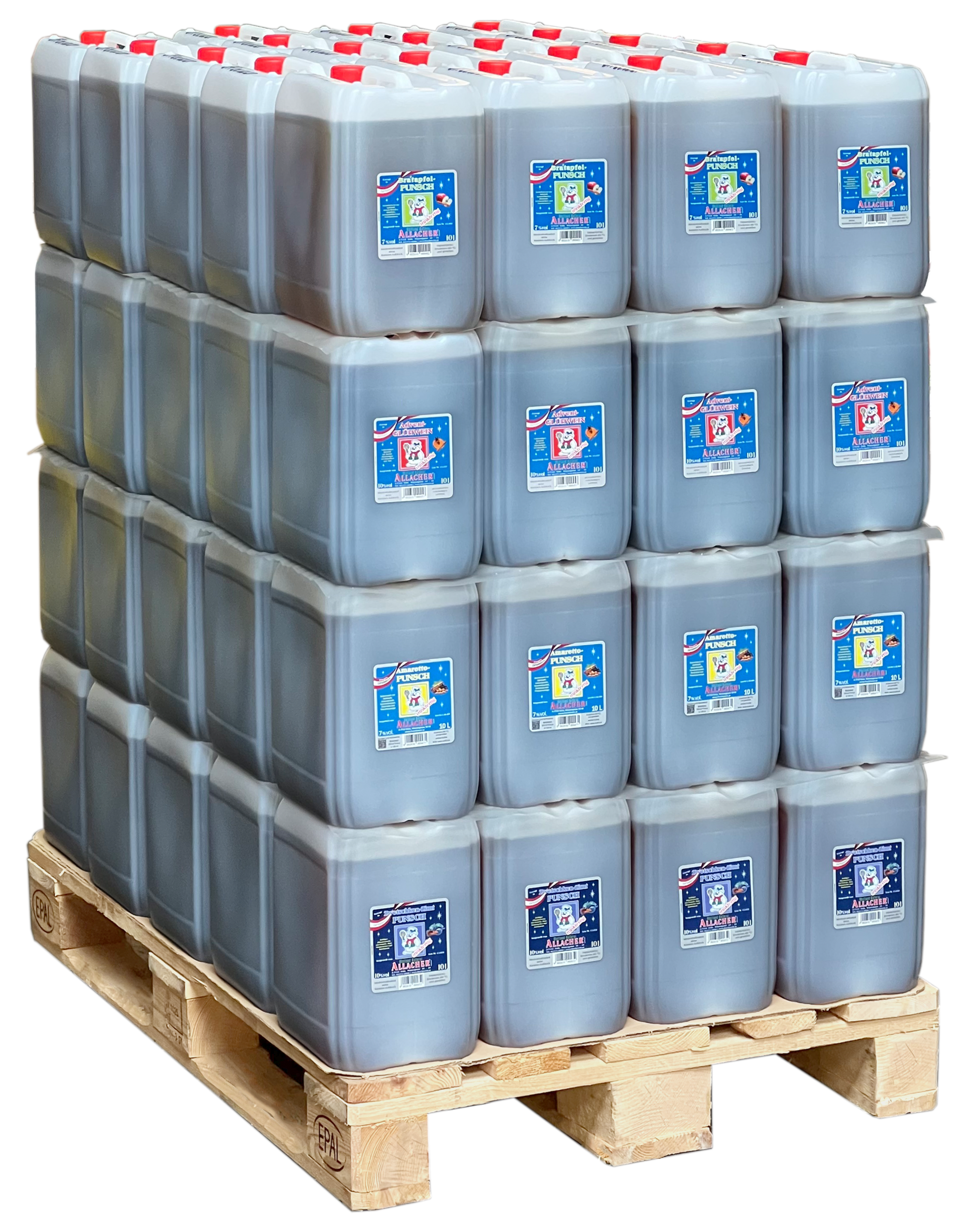 Palette mit gestapelten 10-Liter-Kanistern